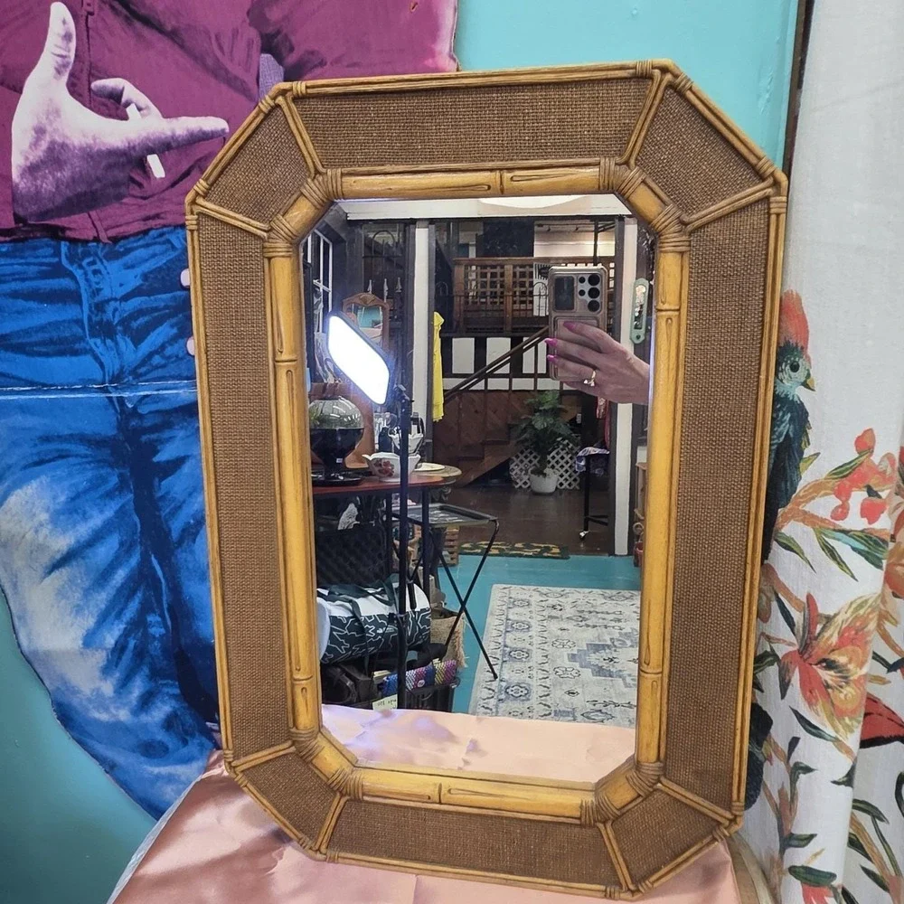Vintage Faux Bamboo Rattan Wall Mirror MCM 70's Regency Coastal USA